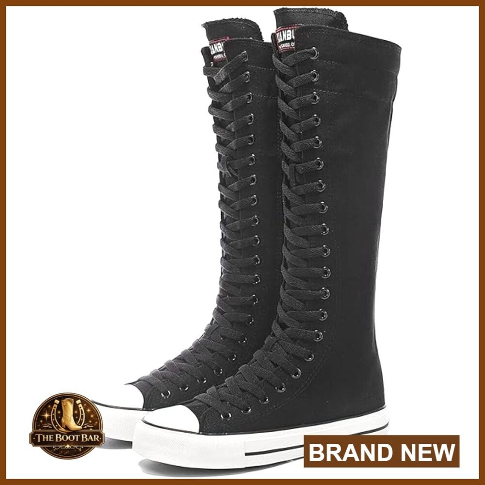 Tall Canvas Lace Up Knee High Sneakers Platform Flat Heel
